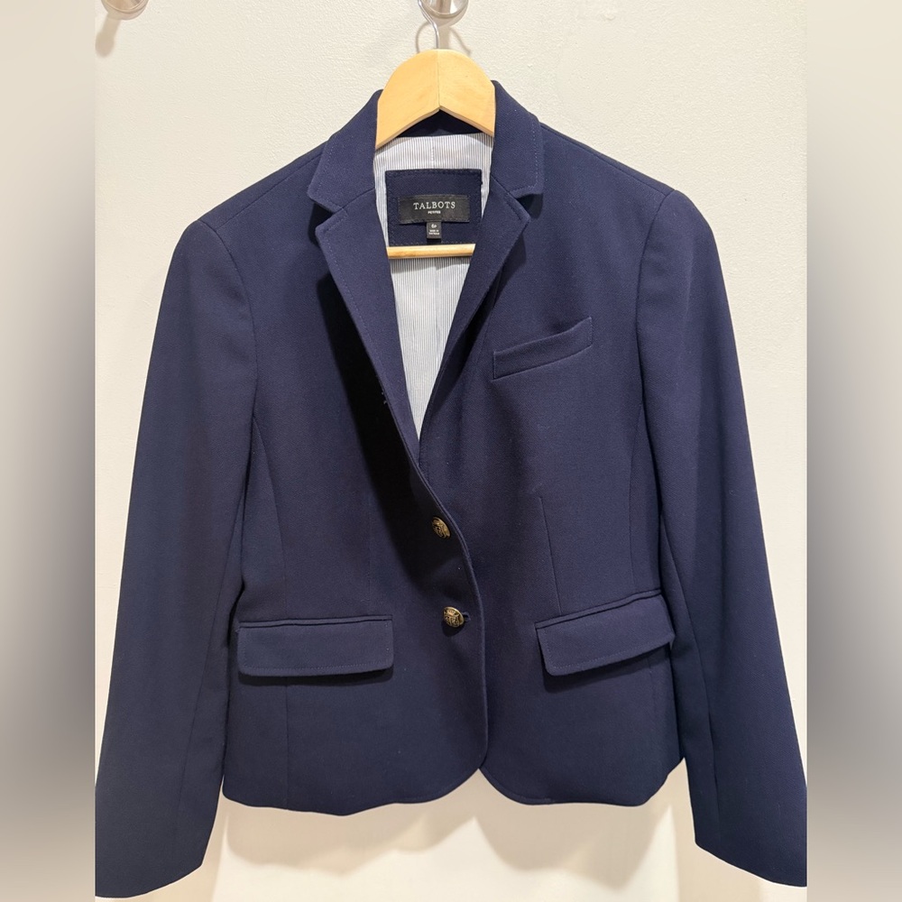 Talbots Petites Navy Structured Blazer Gold Crest Buttons Size 6P Career Classic